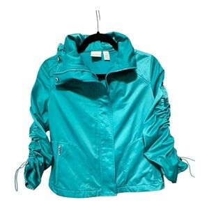 Chico’s Aqua Blue Teal Ruched Sleeve Satin Femme Moto Jacket Size 0 Bomber Biker